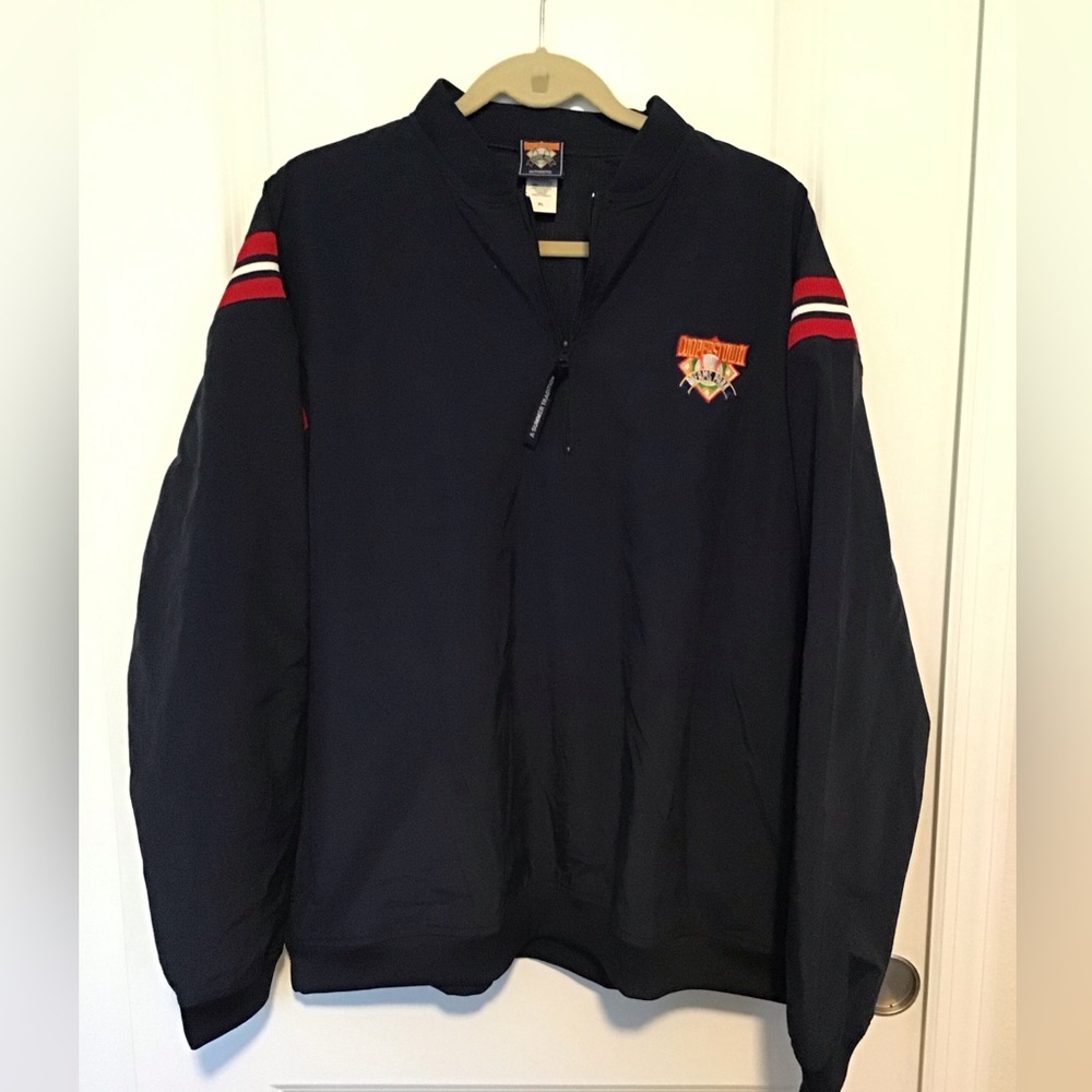 Black Windbreaker Pullover with Red Stripe Accents